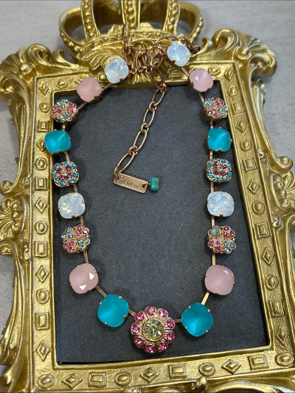Mariana Pink and Turquoise Swarovski Crystal Rose Gold Tone Necklace MSRP $360